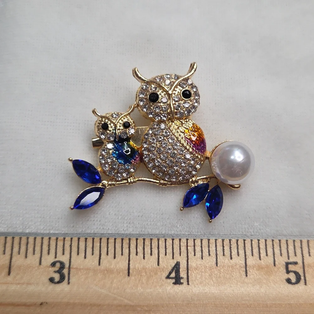 Women's 2 Owls Blue Crystal Brooch Retro Style Pin Rhinestones Sparkling Elegant